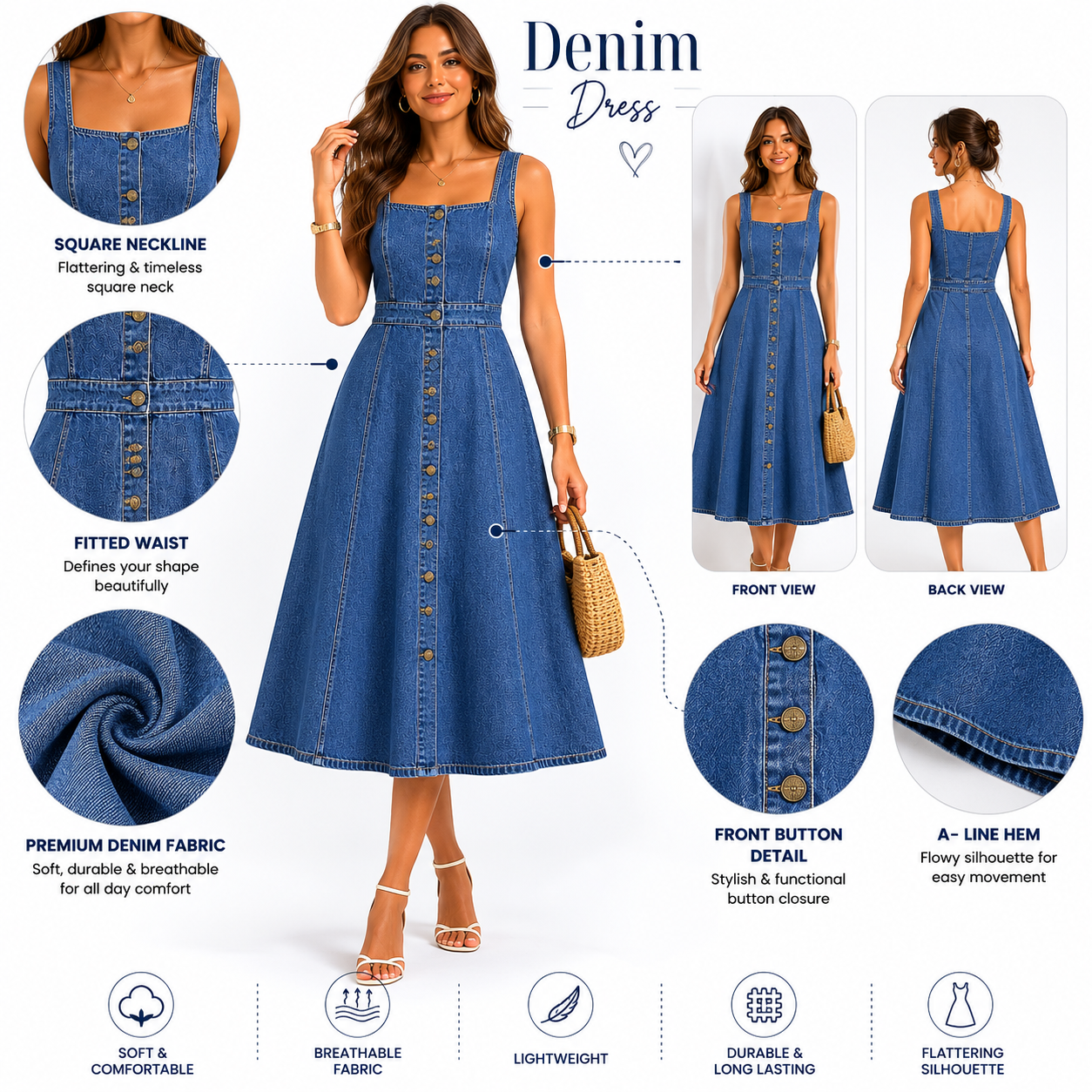 Women’s Denim Button-Front A-Line Midi Dress - Image 3