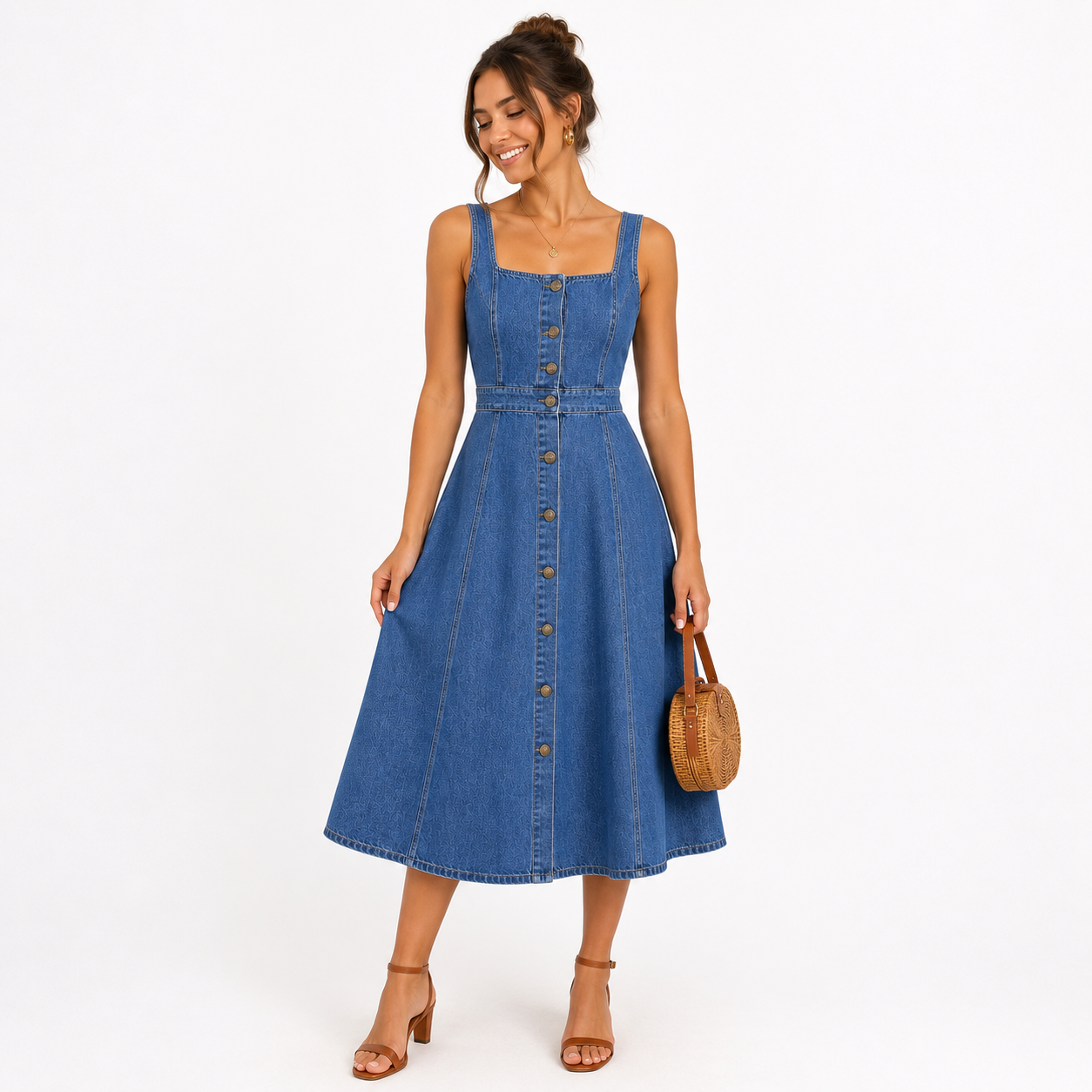 Women’s Denim Button-Front A-Line Midi Dress - Image 2